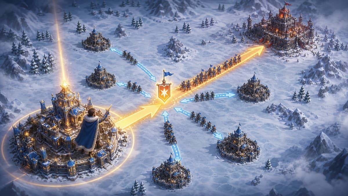 同盟員の行軍が集結主へ合流する集結作戦のイラスト